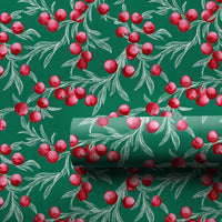 Botanical Winterberry Gift Wrap, Christmas Wrapping Paper, Red Berry Holiday Wrapping Paper, Dark Green Christmas Gift Wrapping Paper Roll