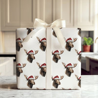 Santa Hat Moose Gift Wrap, Christmas Moose Wrapping Paper, Rustic Winter Holiday Wrapping Paper, Adorable Animal Festive Wrapping Paper