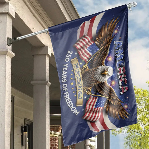 Personalized Family Name House Flag | Patriotic American Eagle 250 Years Of Freedom | Durable Weather-Resistant Polyester | Custom Outdoor Yard Gift