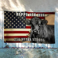 Black Angus Cattle Flag | 250 Years Strong Patriotic American Farm Flag | UV-Resistant Polyester | Ranch & Farm Decor Gift