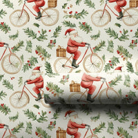 Vintage Bike Riding Santa Gift Wrap, Bicycle Santa Wrapping Paper, Watercolor Holly Berry Paper, Christmas Present Wrapping Paper Roll