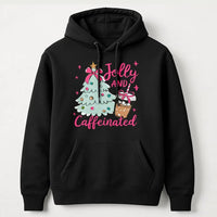 Christmas Coffee Lover Hooded Sweatshirt, Jolly and Caffeinated Hoodie, Retro Pink Christmas Tree Hoodie, Holiday Coffee Present