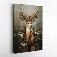 Winter Floral Deer Wall Art, Christmas Deer Canvas Print, Pine Cone Deer Canvas Art, Holiday Wildlife Wall Decor, Rustic Deer Wall Print
