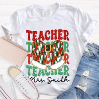 Custom Name Holiday Educator Graphic Tee, Personalized Teacher Christmas Bow Shirt, Adorable Winter Classroom T-Shirt, Teacher Xmas Present Idea