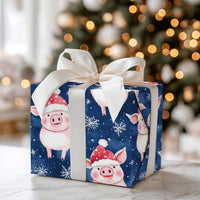 Santa Hat Piggy Holiday Gift Wrap, Adorable Christmas Pig Wrapping Paper, Whimsical Animal Present Wrap, Navy Winter Packaging Paper