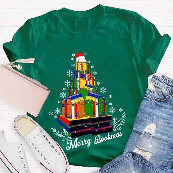 Book Lover Holiday Graphic Tee, Merry Bookmas Christmas T-Shirt, Winter Snowflakes Reading Shirt, Comfy Bookish Xmas Tee, Rea