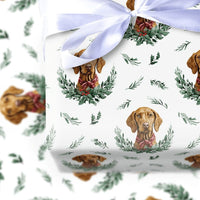 Holiday Wreath Puppy Gift Wrap, Vizsla Dog Christmas Wrapping Paper, Watercolor Dog Christmas Paper, Festive Pet Lover Gift Wrapping Paper