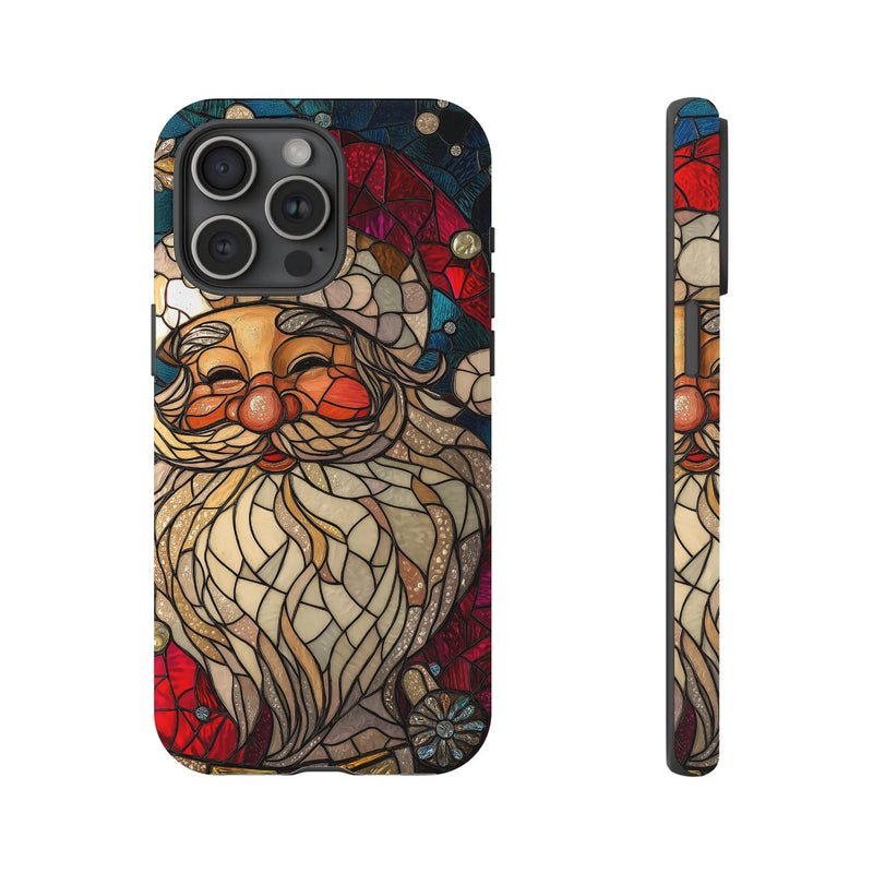 iPhone Tough Phone Cover, Santa Claus Phone Case, Stained Glass Winter Christmas Art Phone Case