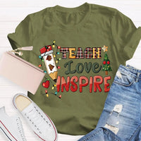 Festive Tree Lights Teacher Tee, Teach Love Inspire Christmas T-Shirt, Holiday Educator Shirt, Merry Christmas School Teacher Present