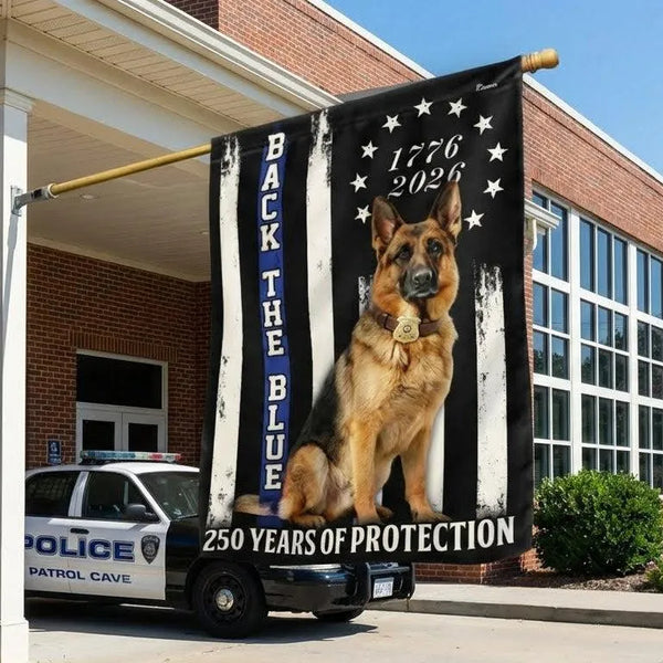 German Shepherd Thin Blue Line Garden Flag | 250 Years Protection 1776-2026 | Double-Sided Polyester | Police K9 Memorial Gift