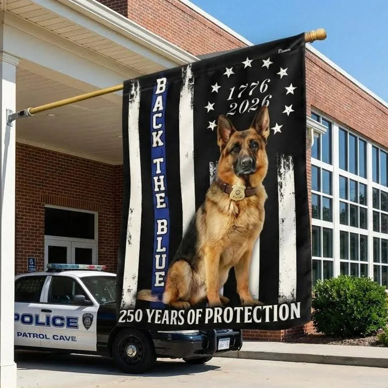 German Shepherd Thin Blue Line Garden Flag | 250 Years Protection 1776-2026 | Double-Sided Polyester | Police K9 Memorial Gift