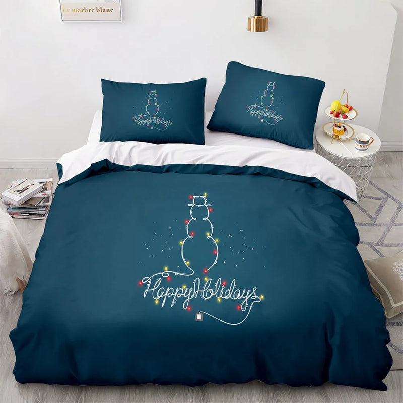 Christmas Bedding Set, Snowman Holiday Lights Duvet Cover Set, Winter Holiday Quilt Cover, Kids Microfiber Bedding, Festive Home Present
