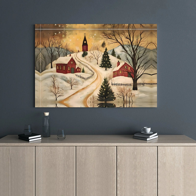 Snowy Church Christmas Canvas Print, Winter Christmas Village Canvas Wall Art, Folk Art Christmas Wall Art, Digital Download Holiday Print