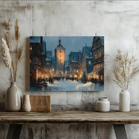 Snowy European Town Night Scene Print, Winter Village Canvas Wall Art, Comfy Christmas Holiday Canvas Decor, Rustic Winter Wonderland