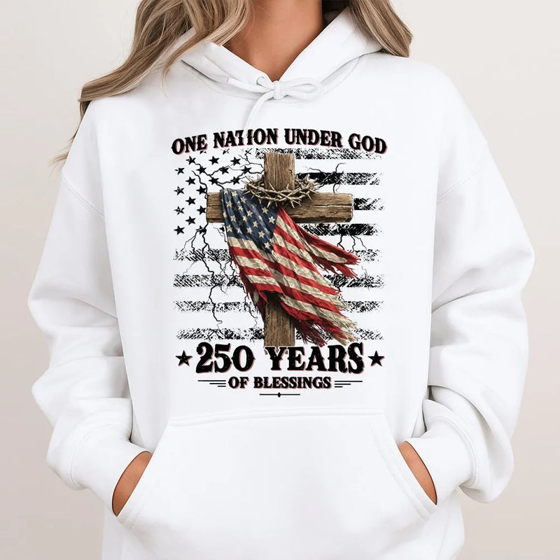 One Nation Under God Hoodie | 250 Years of Blessings Patriotic Cross Design | Premium Cotton-Polyester Blend | Gift for Faith and Patriotism Lovers