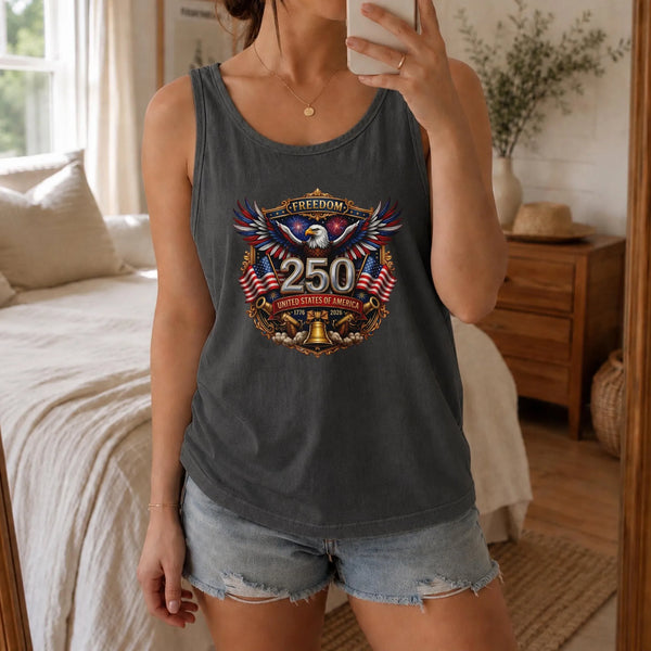 America 250 Years Tank Top | Freedom 1776-2026 Eagle & Flag Emblem | Soft Breathable Unisex Fit | 4th of July Gift for Patriots