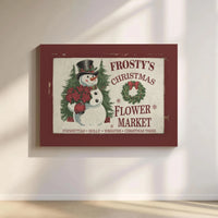 Poinsettia Flower Market Canvas Print, Vintage Snowman Canvas Wall Art, Retro Christmas Wall Decor, Holiday Winter Canvas Art