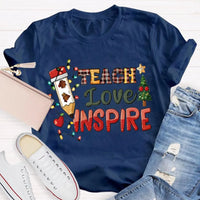 Festive Tree Lights Teacher Tee, Teach Love Inspire Christmas T-Shirt, Holiday Educator Shirt, Merry Christmas School Teacher Present