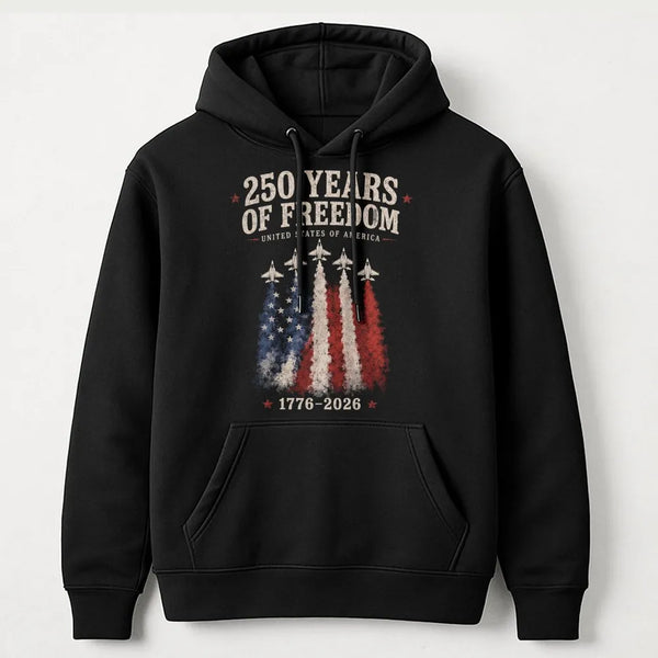 America 250 Years Hoodie | Fighter Jet American Flag 1776-2026 Design | Soft Cotton-Polyester Blend | Patriotic Gift for History Fans