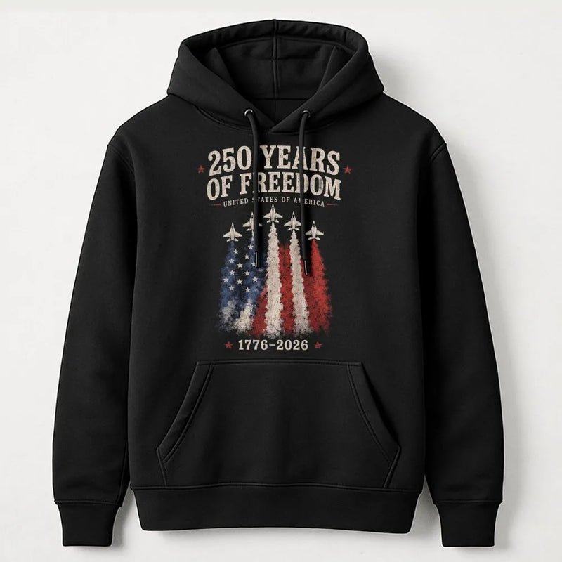 America 250 Years Hoodie | Fighter Jet American Flag 1776-2026 Design | Soft Cotton-Polyester Blend | Patriotic Gift for History Fans