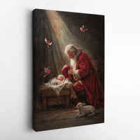 Nativity Scene Cardinals Canvas, Santa Adoring Baby Jesus Canvas Print, Religious Christmas Art Canvas, Holy Night Winter Holiday Decor