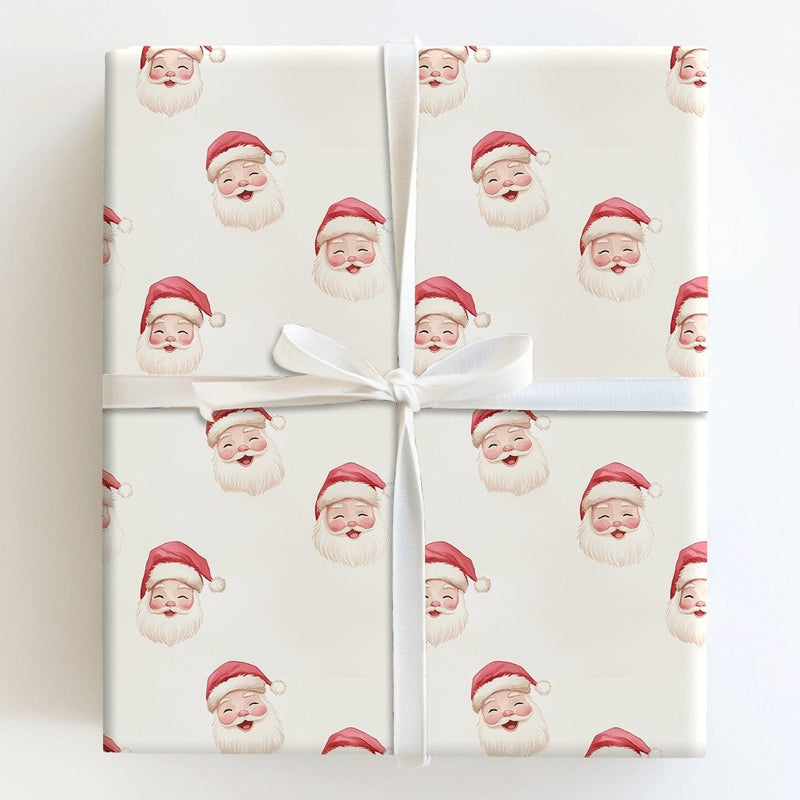 Adorable Santa Face Holiday Gift Wrap, Watercolor Santa Claus Wrapping Paper, Cream Christmas Wrapping Paper, Whimsical Holiday Gift Wrap Roll