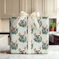 Dog Wreath Gift Wrap, French Bulldog Christmas Wrapping Paper, Frenchie Holiday Wrapping Paper, Adorable Winter Dog Lover Gift Wrapping Paper