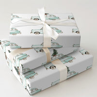 Retro Blue Car Holiday Wrapping Paper, Vintage Station Wagon Christmas Wrapping Paper, Tree on Car Gift Wrap, Nostalgic Xmas Paper Roll