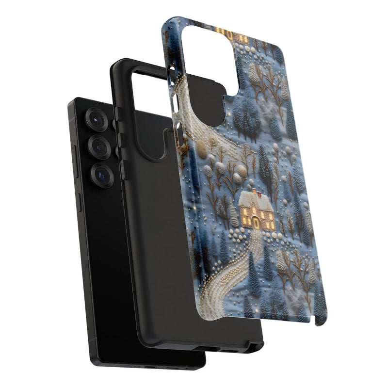 Forest Cabin Relief Art Galaxy Phone Case, Snowy Winter Cottage Phone Case Samsung Galaxy, Comfy Holiday Christmas Tough Phone Cover