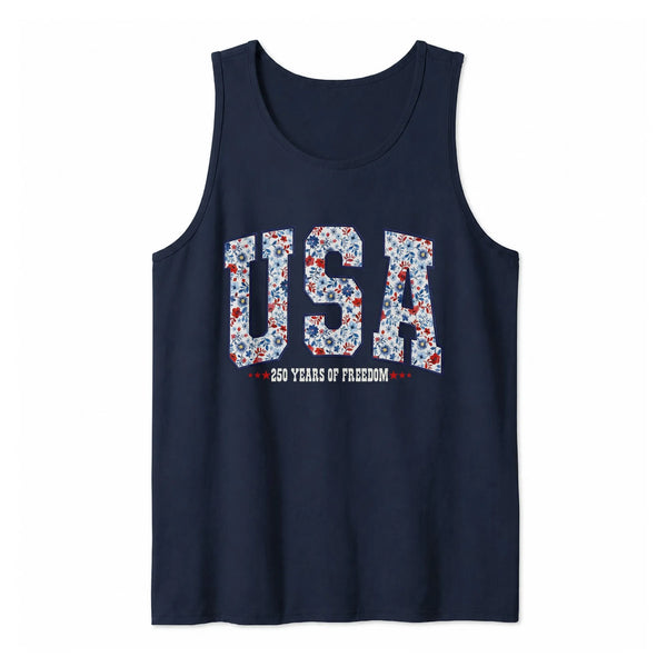 Patriotic USA Floral Tank Top | 250 Years of Freedom Red White and Blue Botanical Print | Soft Lightweight Breathable Fabric | 4th of July Independence Day Summer Outfit Gift