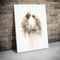 Holy Family Religious Wall Art, Watercolor Nativity Scene Canvas, Christian Christmas Home Decor Print, Jesus Manger Holiday Canvas Decor