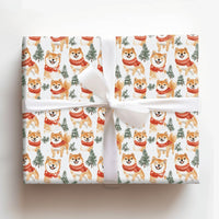 Red Scarf Dog Gift Wrap Paper, Shiba Inu Christmas Wrapping Paper, Winter Pine Tree Present Paper, Adorable Pet Lover Holiday Wrapping Paper
