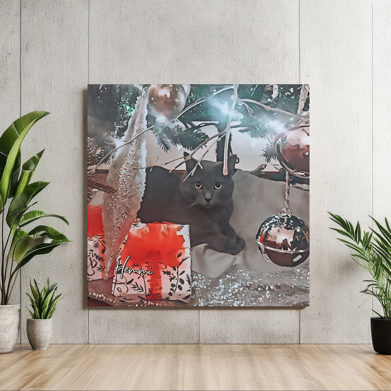 Gray Cat Under Tree Canvas Print, Christmas Cat Square Canvas, Watercolor Holiday Kitten Canvas Wall Art, Comfy Cat Lover Home Decor
