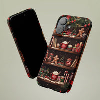 Comfy Gingerbread Hot Cocoa Holiday iPhone Case, Christmas Bookshelf Phone Case, Candy Cane Winter Phone Cover, Bookish Present