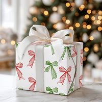 Red and Green Bow Gift Wrap Roll, Hand Drawn Christmas Bows Wrapping Paper, Festive Holiday Wrapping Paper, Xmas Gift Wrapping Paper Roll
