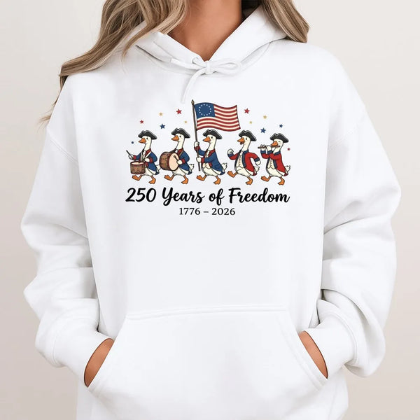 Patriotic Goose Hoodie | 250 Years of Freedom 1776-2026 Cartoon Art | Premium Cotton-Polyester Blend | Gift for History Lovers