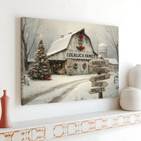 Winter Landscape Canvas Print, Snowy Barn Christmas Canvas Wall Art, Family Name Signpost Art, Digital Download Canvas, Holiday Home Decor