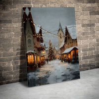Winter Market Painting Style Print, Christmas Village Snowy Street Canvas Wall Art, Warm Glow Holiday Poster, Digital Download Festive Decor