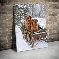 Rustic Winter Dog Wall Art, Golden Retriever Sleigh Canvas, Snowy Christmas Golden Retriever Print, Holiday Dog Lover Canvas