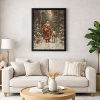 Snowy Forest Reindeer Canvas Print, Vintage Santa Claus Canvas Art, Retro Christmas Holiday Wall Art, Rustic Winter Scene Canvas Decor