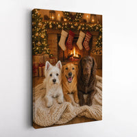 Holiday Puppy Fireplace Wall Art, Christmas Dogs by Fireplace Canvas, Comfy Dog Christmas Canvas Print, Festive Winter Dog Wall Decor