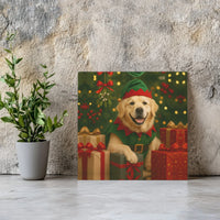 Adorable Dog Elf Costume Canvas Wall Art, Golden Retriever Christmas Canvas Print, Holiday Dog Lover Canvas Art, Winter Pet Decor Present