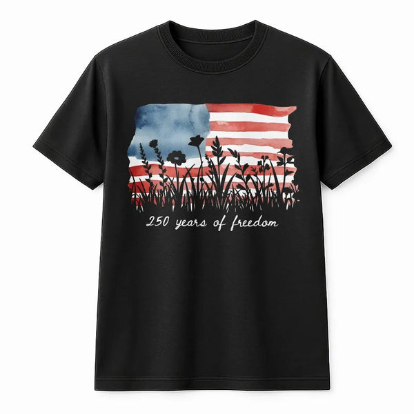 America 250 Years of Freedom T-Shirt | Watercolor Flag with Floral Silhouette Art | Soft Breathable Cotton Tee | Patriotic 4th of July Gift