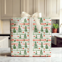 Striped Pine Tree Gift Wrap, Watercolor Christmas Tree Wrapping Paper, Red Green Holiday Wrapping Paper, Festive Winter Present Gift Wrap