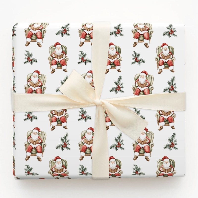 Comfy Bookish Christmas Gift Wrap, Reading Santa Claus Wrapping Paper, Watercolor Santa Present Wrap, Nostalgic Holiday Packaging