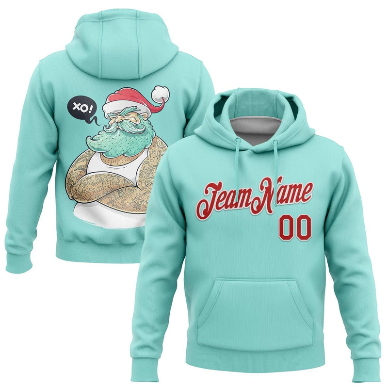 Ice Blue Red White Holiday Hoodie, Custom Christmas Santa Hoodie, Personalized Name Number Sweatshirt, Stitched Xmas Pullover Hoodie Present