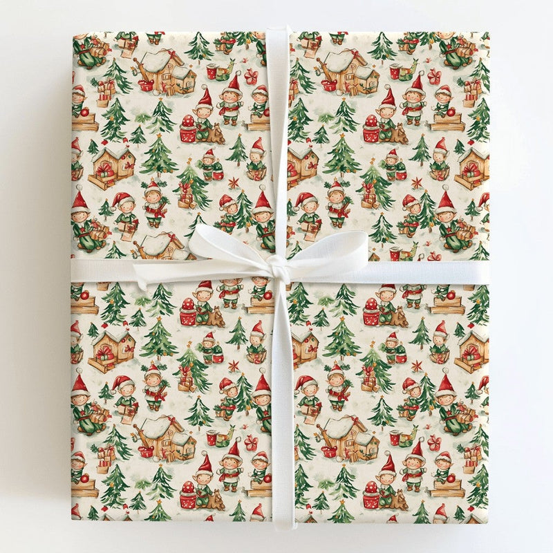 Watercolor Elf Holiday Gift Wrap, Santa Elves Village Christmas Wrapping Paper, Whimsical Winter Wonderland Wrapping Paper, Xmas Gift Wrap