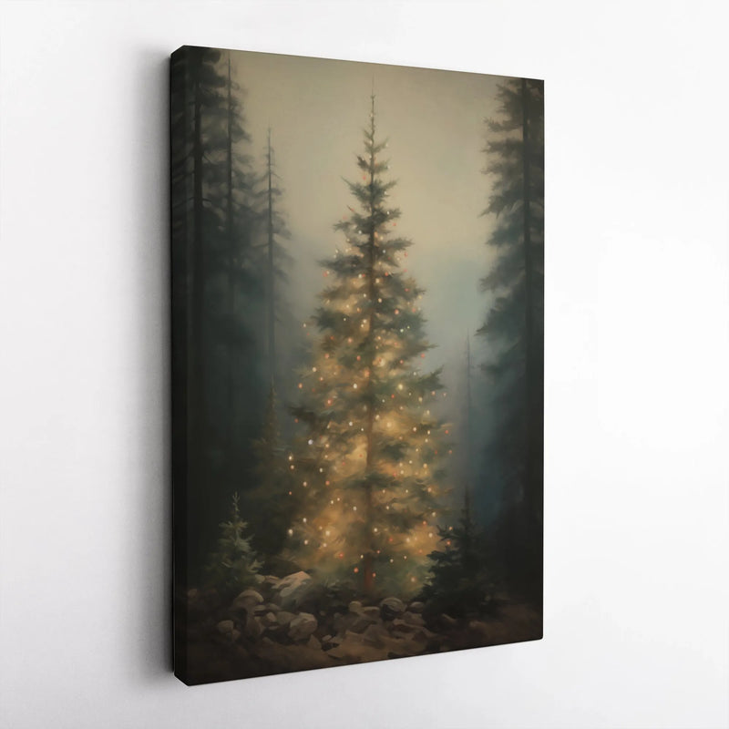 Glowing Pine Woodland Wall Art, Christmas Tree Forest Canvas, Misty Winter Forest Canvas Print, Enchanted Holiday Tree Decor