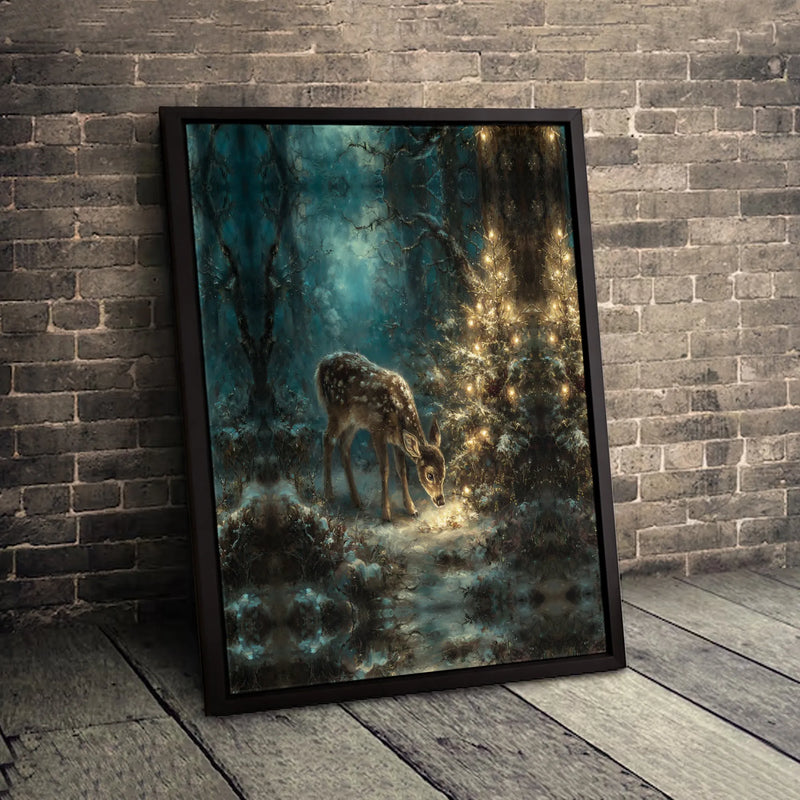 Christmas Forest Deer Wall Art, Winter Fawn Canvas Print, Holiday Nature Canvas, Rustic Deer Printable Art, Digital Download Wall Decor