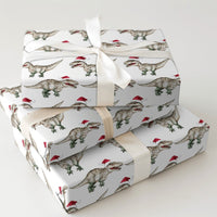 Santa Hat Dinosaur Gift Wrap, Watercolor T-Rex Christmas Wrapping Paper, Adorable Dino Holiday Wrapping Paper, Kids Winter Gift Wrapping Paper
